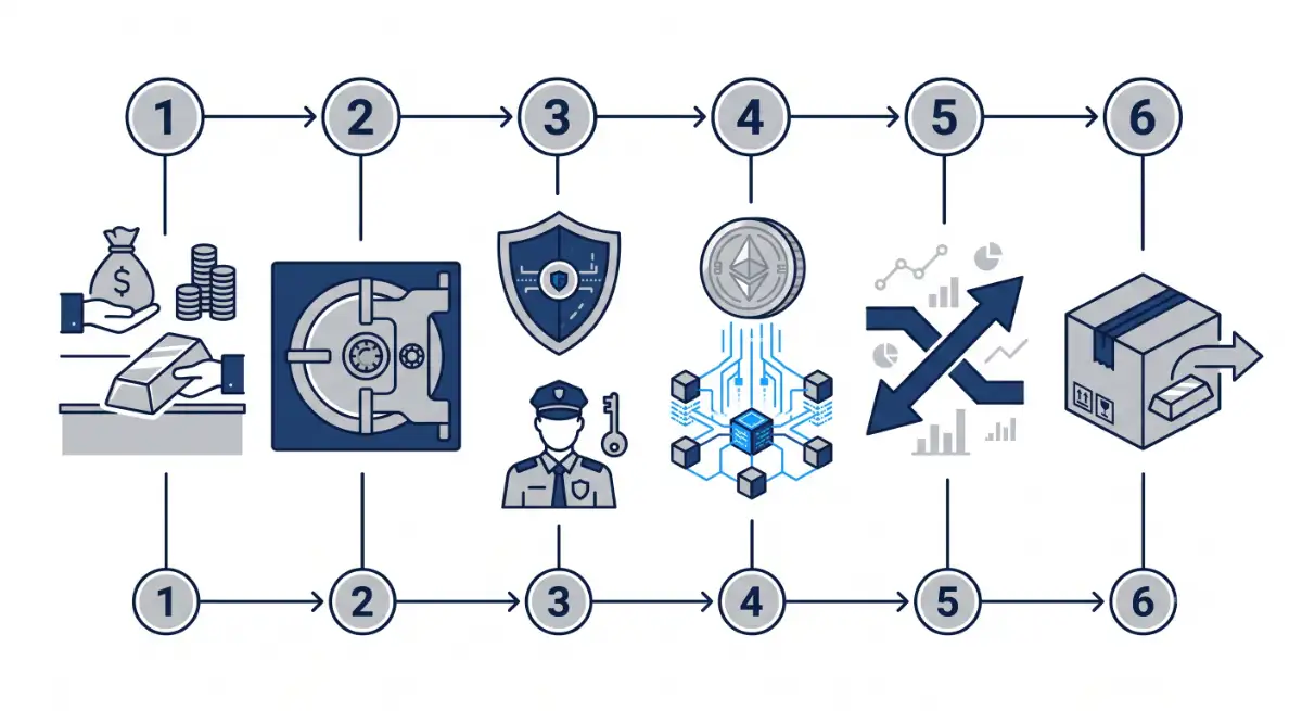 6-step diagram showing how tokenized silver is purchased, vaulted, minted, and redeemed