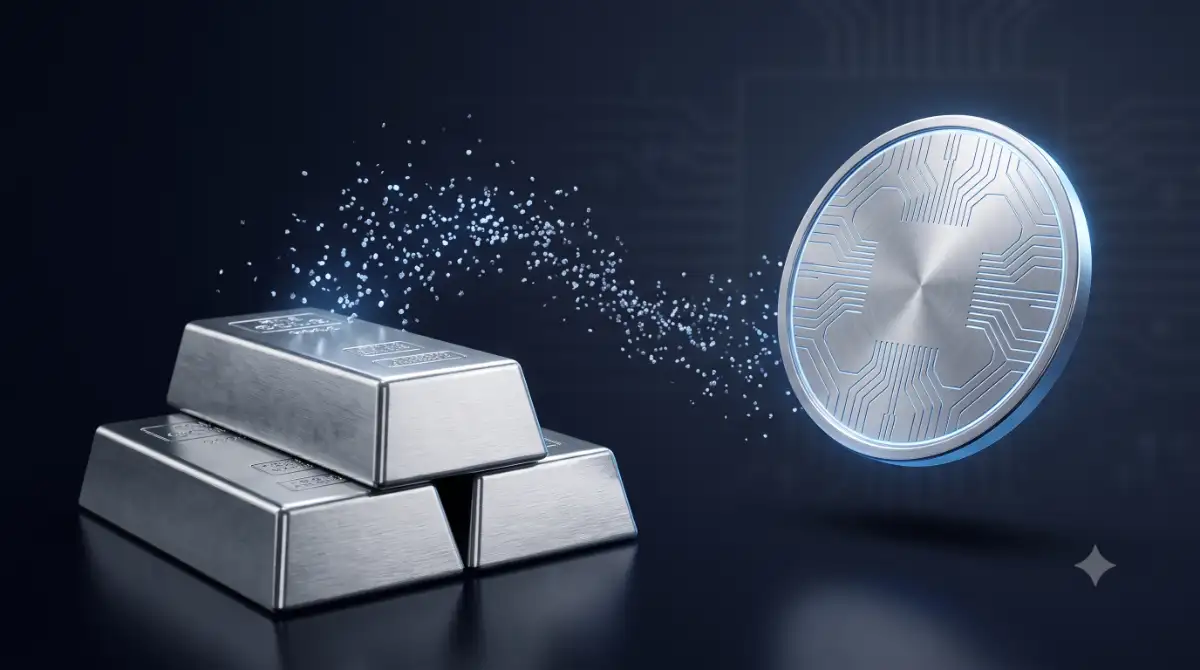 Silver bars transforming into a digital tokenized silver coin on the blockchain
