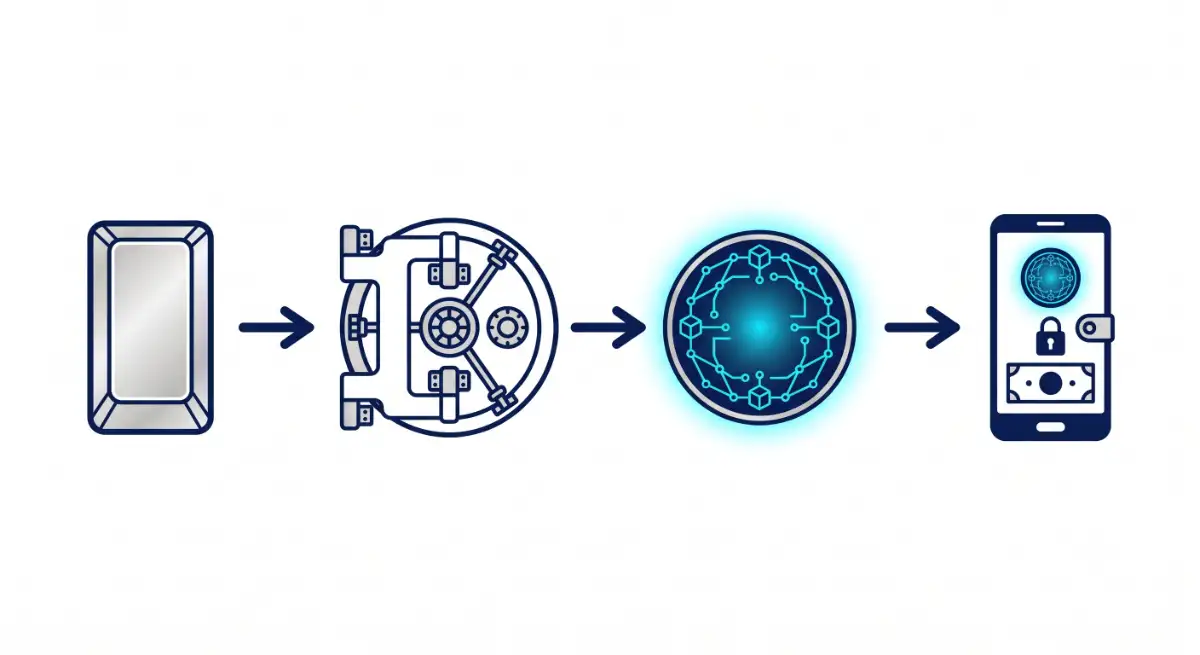 How tokenized silver works: physical silver, vault, blockchain token, digital wallet